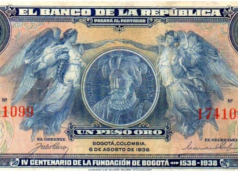 La pachanga, así denominaron los especialistas este billete de un peso, de 1938, y que, dice Bernardo González, es considerado como el más bello de Colombia, aún hoy. FOTO Archivo