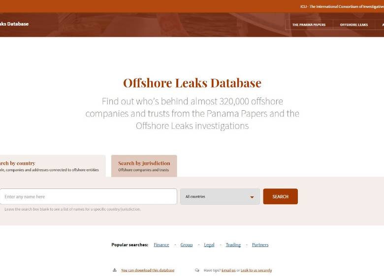 Ambiente de la página de internet https://offshoreleaks.icij.org/ que permite filtrar búsqueda de información por país, dirección y nombre de personas en 21 paraísos fiscales. FOTO Página web ICIJ