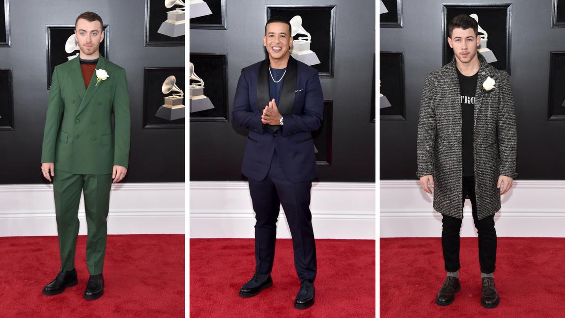 Así vistieron los caballeros, Sam Smith, Daddy Yankee y Nick Jonas. FOTOS AFP