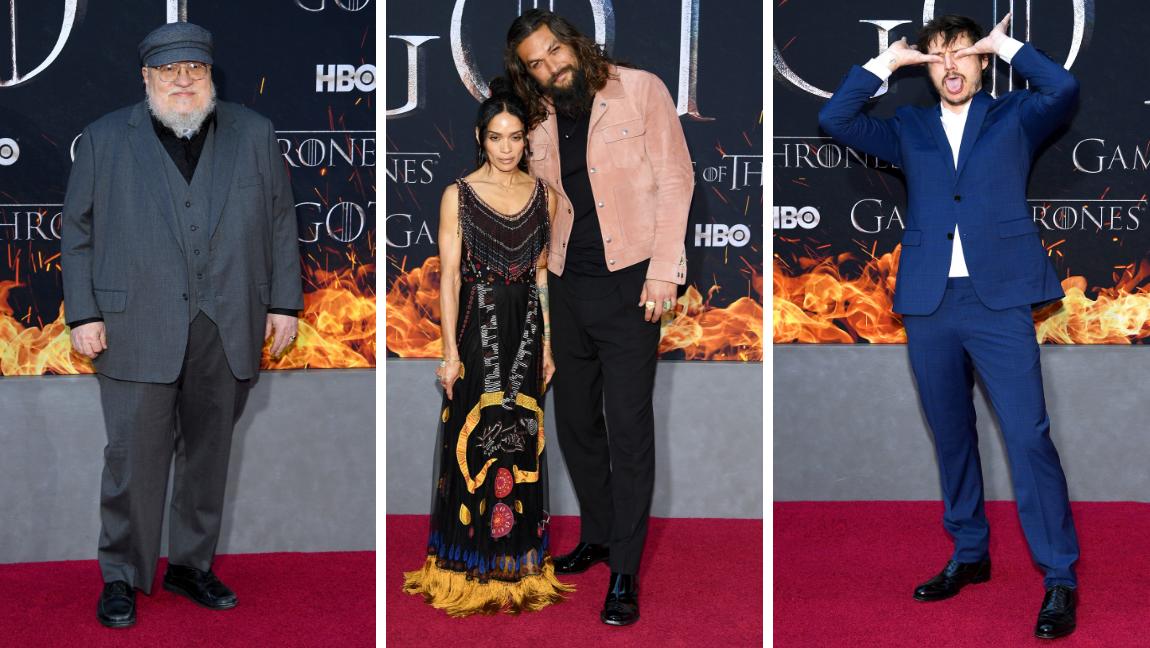 George R.R. Martin (el escritor de los libros), Jason Momoa (Khal Drogo) y su esposa Lisa Bonnet y Pedro Pascal (Oberyl Martell) recordando como murió su personaje en Juego de Tronos. FOTOS AFP