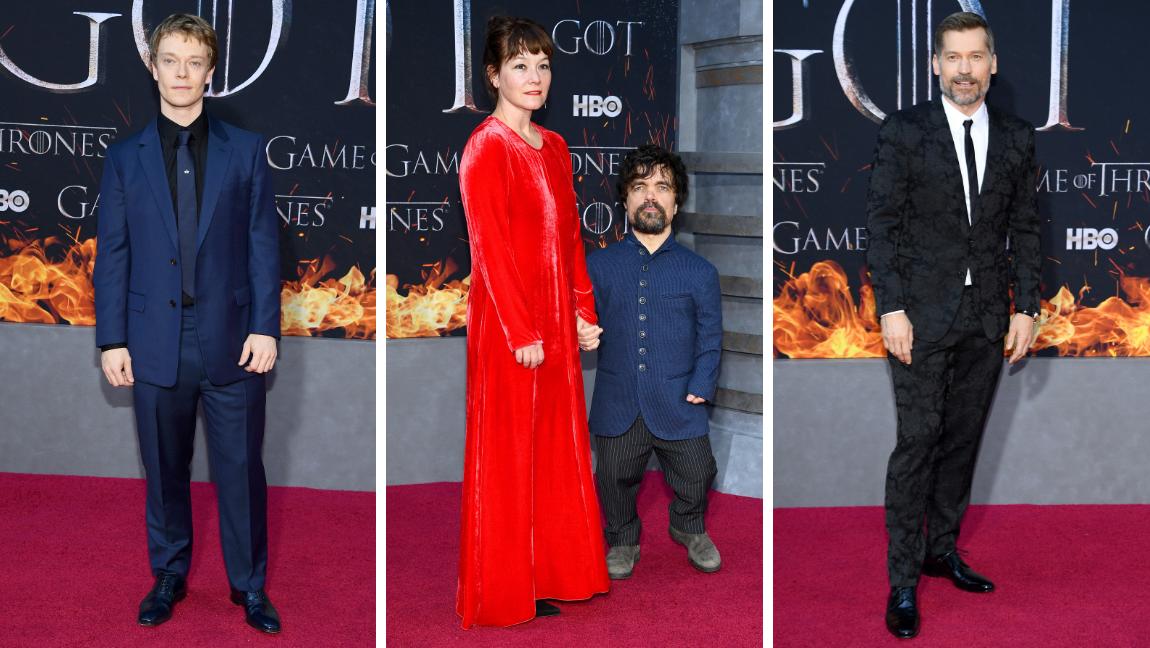 Alfie Allen (Theon), Peter Dinklage (Tyrion Lannister) y su esposa Erica Schmid y Nikolaj Coster-Waldau (Jaime Lannister). FOTOS AFP