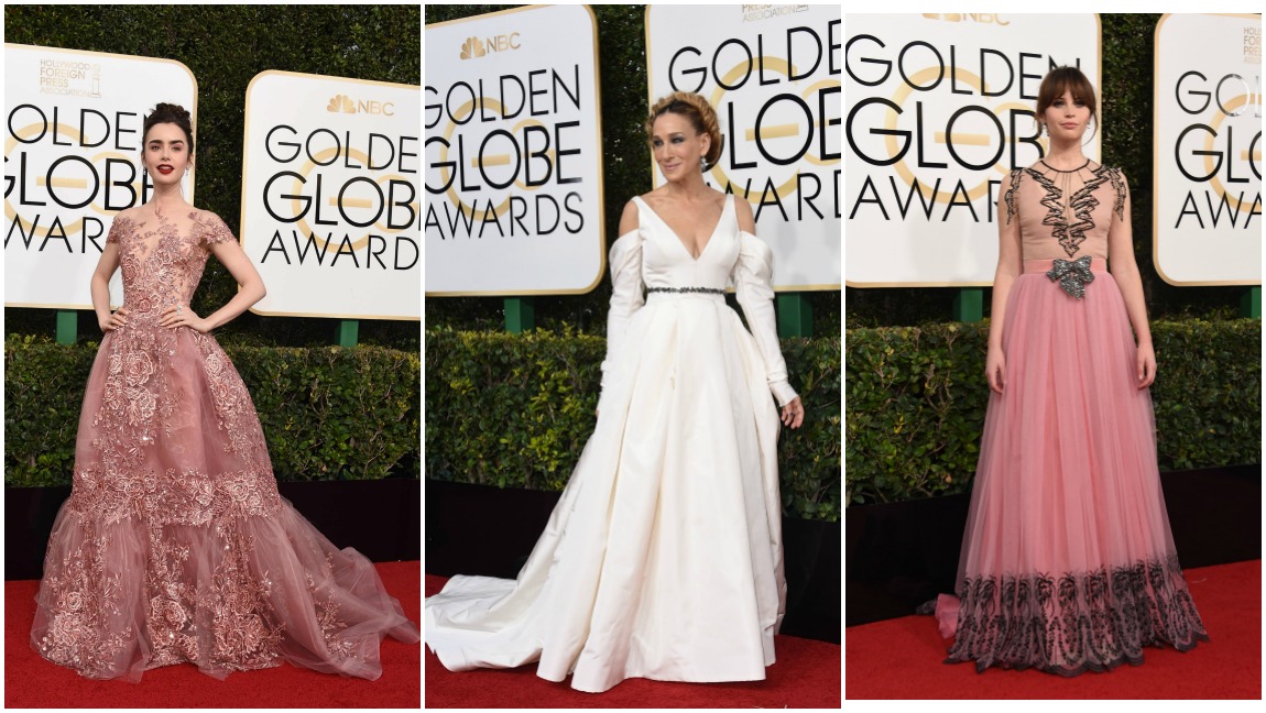 Lilly Collins (Zuhair Murad couture), Sarah Jessica Parker (Vera Wang) y Felicity Jones. FOTOS AFP