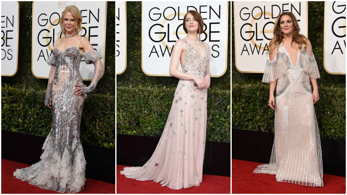 Nicole Kidman (Alexander McQueen ), Emma Stone (Valentino) y Drew BarrYmore (Monique Lhullier). FOTOS AFP