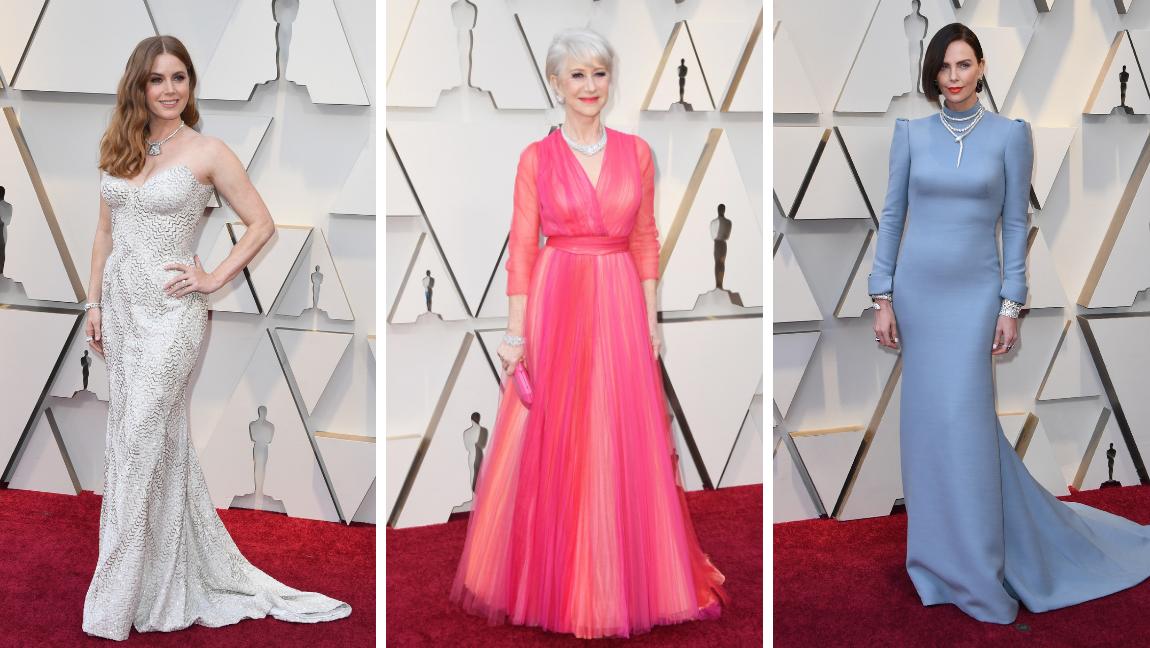 Amy Adams, nominada esta noche. En el centro Helen Mirren y a la derecha Charlize Theron. FOTOS AFP 