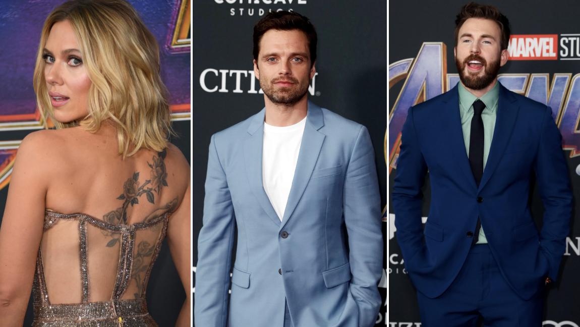 Scarlett Johansson, Sebastian Stan y Chris Evans. FOTOS Afp y Efe