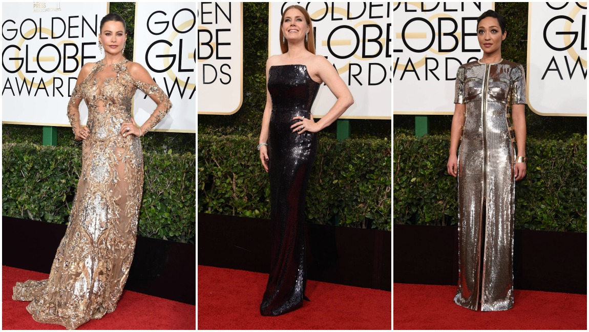 En tonos metalizados Sofía Vergara (Zuhair Murad), Amy Adams (Tom Ford) y Ruth Negga (Louis Vuitton). FOTOS AFP