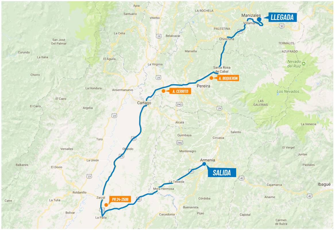 Etapa 6 (11 de febrero). Distancia 187,7 Km. Circuito Armenia- La Tebaida- La Paila- Cartago- Vía El Pollo- Santa Rosa- Chinchiná- Manizales. Salida: 9:30 am (Kra 14- calle 26, Armenia). llegada 2:30 pm (Torre de Chipre, Manizales). FOTO colombiaoroypaz.com.co
