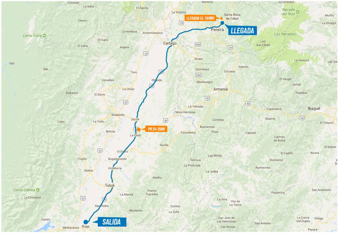 Etapa 4 (9 de febrero). Distancia 149,5 Km. Circuito Buga- Tuluá- La Paila- Cartago- Pereira- Dosquebradas- Alto Boquerón. Salida: 10:00 am (Calle 4- Kra 19, Buga). llegada 2:00 pm (Alto Boquerón). FOTO colombiaoroypaz.com.co 