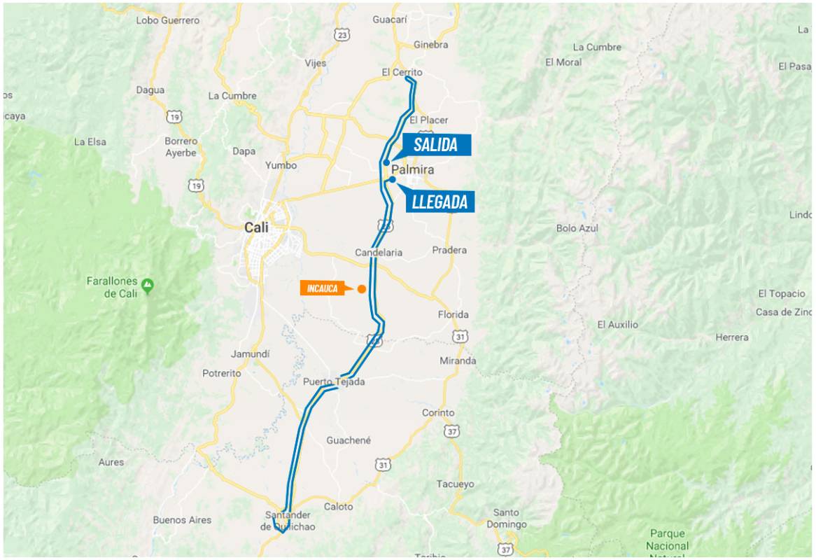 Etapa 2 (7 de febrero). Distancia 183,4 Km. Circuito Palmira- Santander de Quilichao- Cerrito- Cali- Palmira. Salida: 10:00 am (Estadio de Pamira). llegada 2:30 pm (mismo sitio). FOTO colombiaoroypaz.com.co