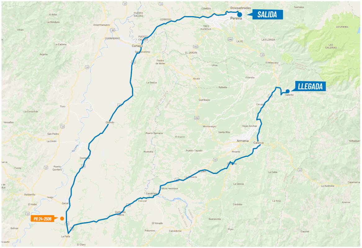 Etapa 5 (10 de febrero). Distancia 163,7 Km. Circuito Pereira- Cartago, La Paila- Tebaida- Vía el Caimo- Armenia- Salento. Salida: 9:00 am (Kra 19- avenida 30 de agosto, Pereira). llegada 1:30 pm (Parque principal de Salento). FOTO colombiaoroypaz.com.co