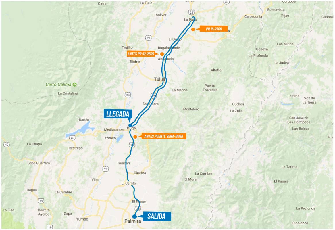 Etapa 3 (8 de febrero). Distancia 163,2 Km. Circuito Palmira- Buga, Variante Tuluá- Buga. Salida: 10:00 am (Estadio de Pamira). llegada 2:15 pm (Kra 19- Calle 4, Buga). FOTO colombiaoroypaz.com.co