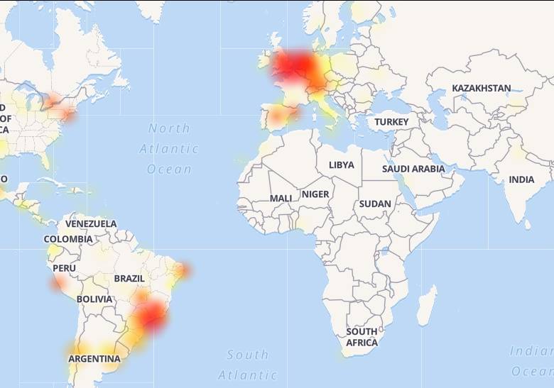 Mapa de las ubicaciones que más presentan fallas con el sistema de mensajería. FOTO downdetector.com