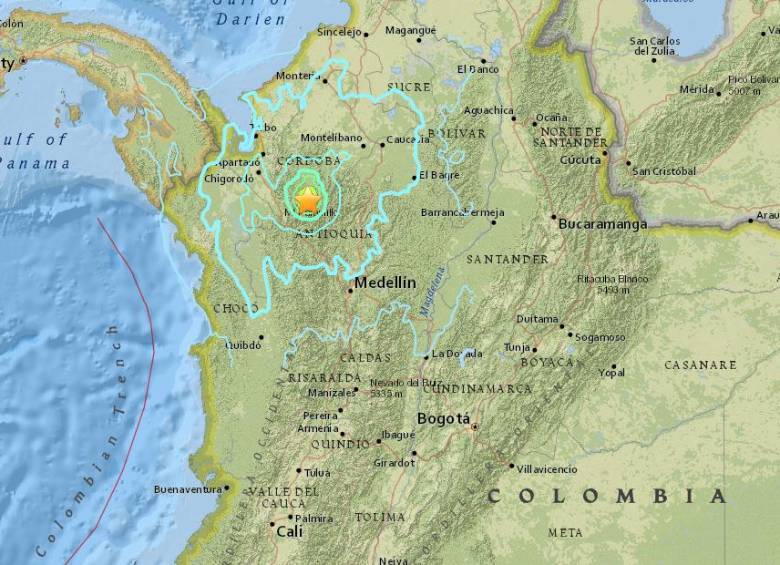 El temblor se sintió en gran parte de la ciudad según reportan los ciudadanos en redes sociales. La estrella amarilla es el lugar del epicentro, cerca a Mutatá, Antioquia, la zona delimitada en azul, en la que se sintió el sismo. FOTO Cortesía http://earthquake.usgs.gov/