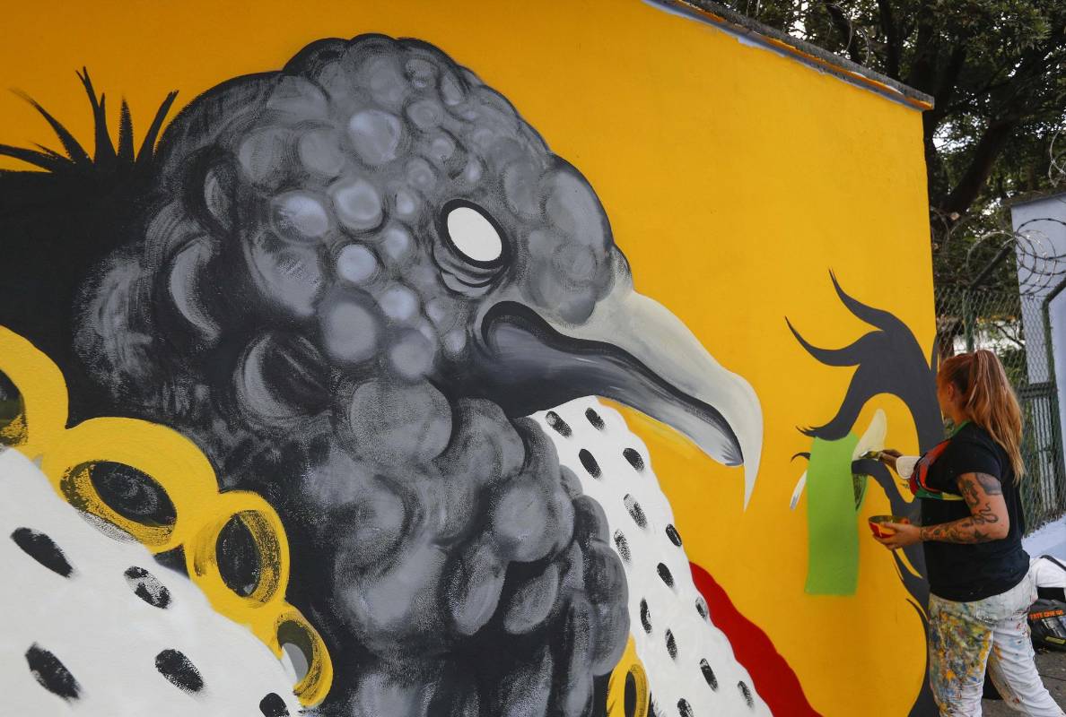 23 artistas urbanos tomaron sus aerosoles y brochas para darle color a la avenida Guayabal en el festival de grafiti de Comfenalco, Medellín. La temática de este año fue aquellos animales indeseados por ciertas personas que los consideran como “plagas” pero que son importantes para el ecosistema. Foto: Manuel Saldarriaga Quintero.