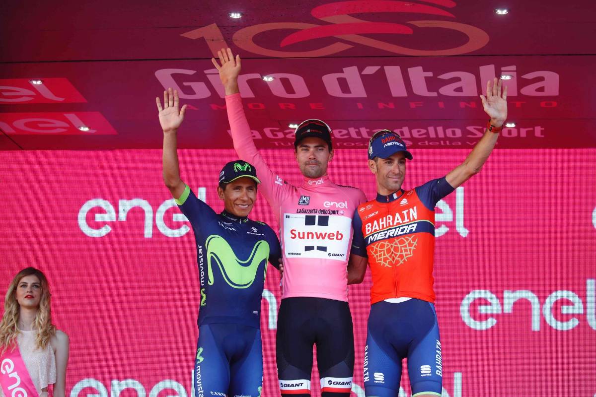 Dumoulin, Quintana y Nibali, el podio del Giro de Italia 2017. FOTO AFP