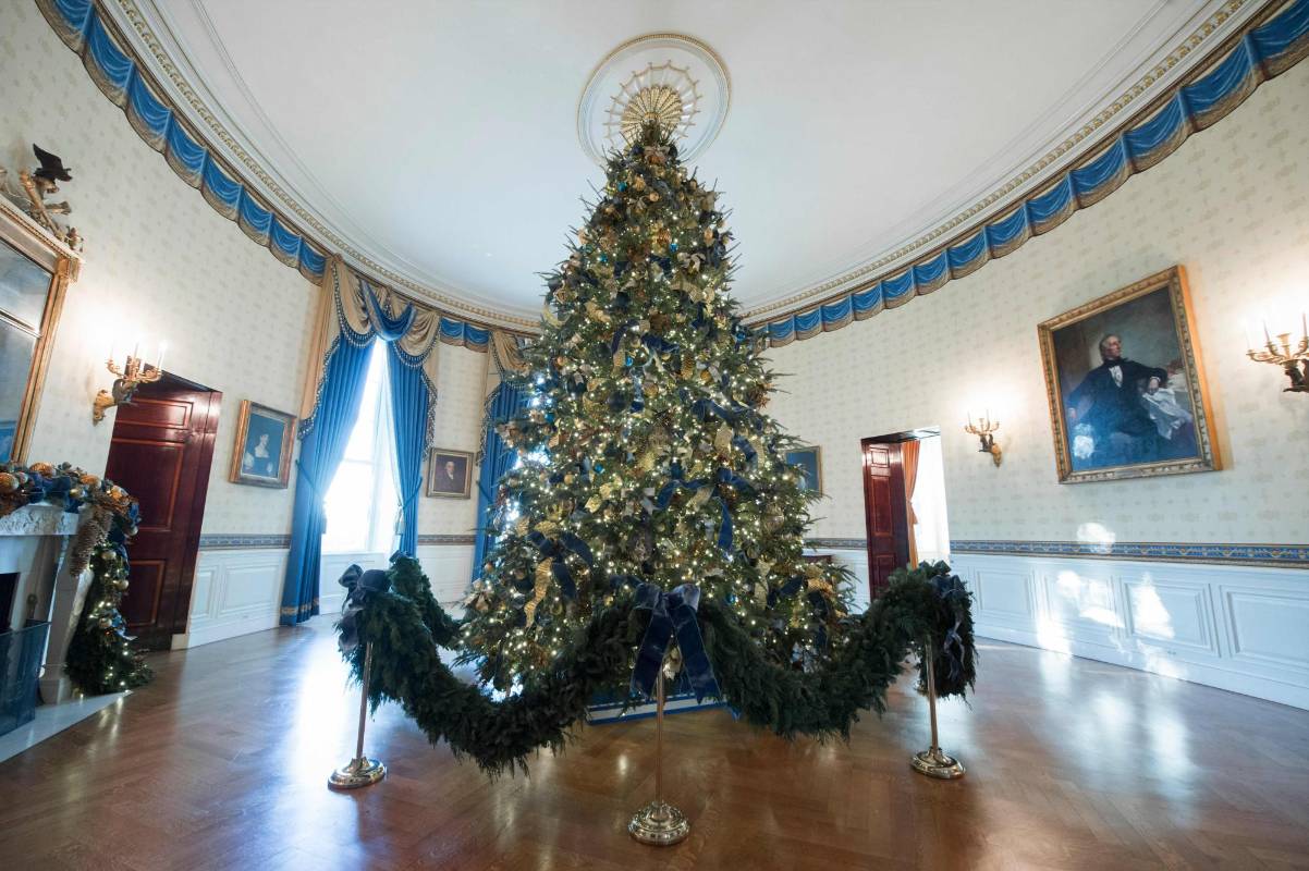 El arbol principal, de casi seis metros de altura, fue recibido sin adornos hace una semana por Melania Trump y Barron, de 11 años, el único hijo que comparte con el presidente. FOTO AFP