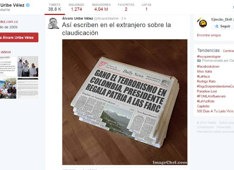 El expresidente Álvaro Uribe Vélez confundió este jueves un meme hecho en contra del acuerdo de justicia transicional al que llegó el Gobierno y las Farc. FOTO TWITTER