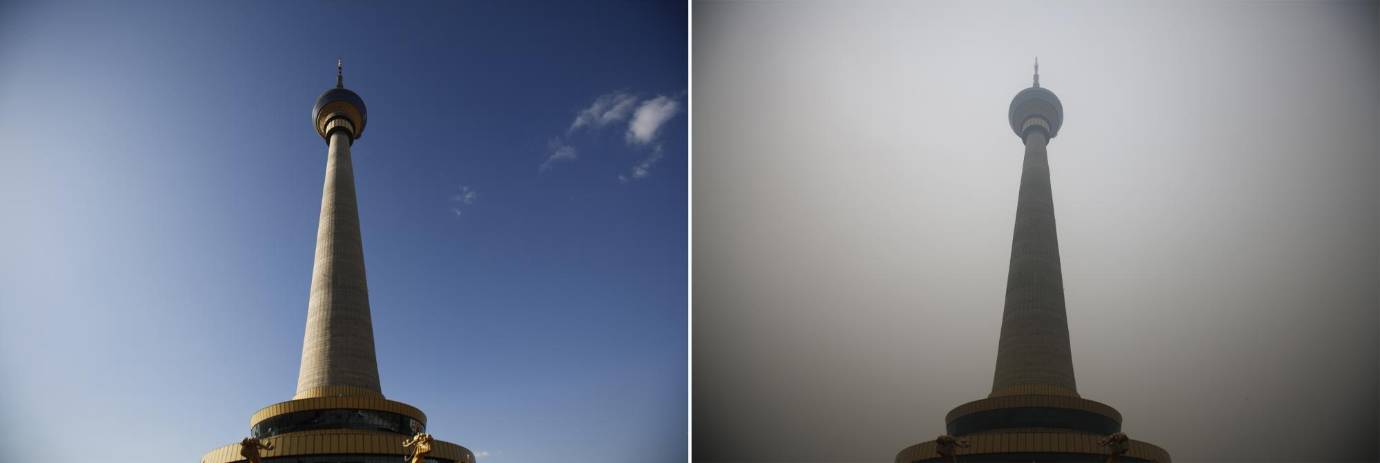 CCTV Tower. Fotos tomadas el 19 de diciembre 2014 (i) y 15 de enero 2015 (d) .FOTO Reuters
