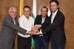 Baltazar Medina, presidente del COC; Aníbal Gaviria, gobernador de Antioquia; Ernesto Lucena, ministro del Deporte y Daniel Quintero, alcalde de Medellín, actores que promueven la candidatura. FOTO Cortesía gobernación 