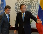 El secretario general de la ONU, Ban Ki-moon, coincidió con el presidente de Colombia, Juan Manuel Santos, en la necesidad de acelerar el proceso de paz. FOTO colprensa 