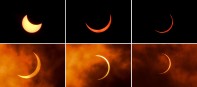 Esta combinación de imágenes creadas el 21 de junio de 2020 muestra a la luna moviéndose frente al sol durante un eclipse anular de sol visto desde Nueva Delhi. FOTO AFP
