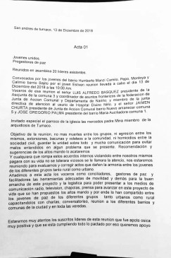 Esta es la denominada acta 001 en la que los cabecillas de los dos grupos disidentes firmaron la tregua en Tumaco.