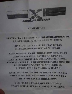 Este es el panfleto que circula en las calles de San Vicente del Caguán. FOTO CORTESÍA