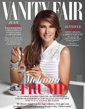 La portada de febrero muestra a la primera dama de Estados Unidos vestida de blanco, con un plato lleno de joyas, reflejando la esencia de lujo que la rodea. FOTO Tomada de Twitter ‏@VanityFairMX 