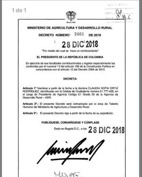 Imagen del decreto presidencial con el nombramiento.