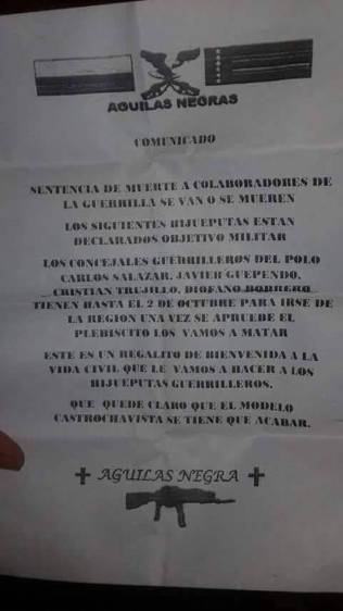 Este es el panfleto que circula en las calles de San Vicente del Caguán. FOTO CORTESÍA