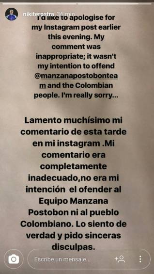 La disculpa publicada en Instagram. FOTO CAPTURA 