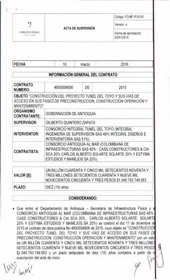 El “otro sï” del acta de inicio . Para acordar la suspensión del contrato por 60 días Gobernación de Antioquia y contratista suscribieron un “otro sí” en el acta de inicio.