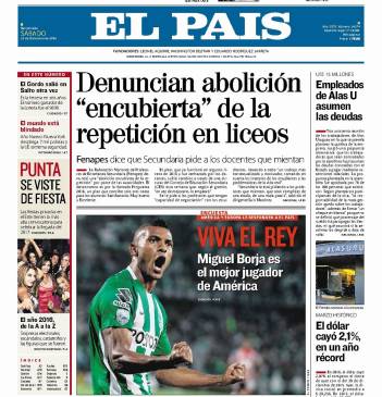 El País de Uruguay destacó al jugador colombiano en su última portada de 2016. FOTO Cortesía El País