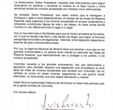 Luis Pérez le pidió al presidente Duque apoyo para la minería ancestral