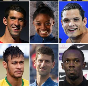 Teddy Rinner, Renaud Lavillenie, Chris Froome, Phelps, Simone Biles, Florent Manaudou, Neymar, Djokovic y Usain Bolt. FOTO aFp