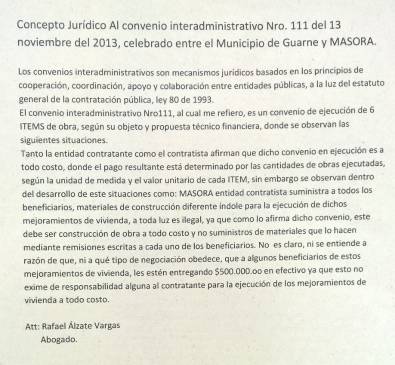Concepto jurídico del abogado Rafael Alzate Vargas sobre el contrato suscrito entre Masora y Guarne, en el cual advierte presuntas irregularidades en su ejecución.