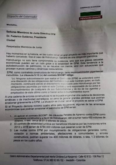 Luis Pérez pide a EPM comprar la totalidad de Hidroituango
