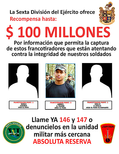 Cartel publicado por el Ejército en el que se ofrece recompensa por los francotiradores de las Farc, que serían responsables de los ataques a los militares. Foto: Cortesía