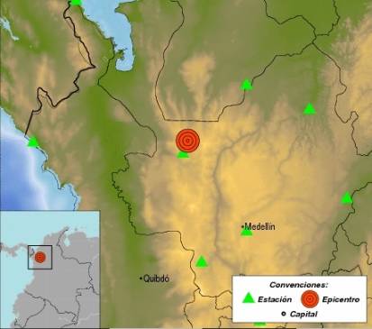 El epicentro fue a 121 kilómetros de la capital antioqueña. FOTO RED SISMOLÓGICA NACIONAL DE COLOMBIA