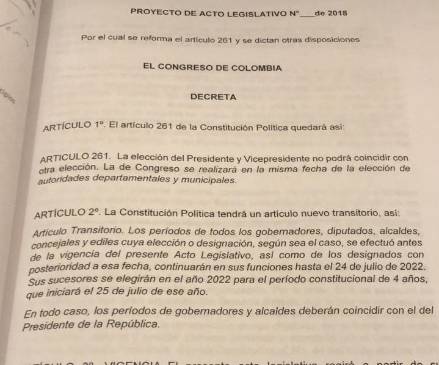 Facsímil del proyecto de Acto Legislativo 105 de 208, que ampliaría el periodo de los actuales gobernantes locales, incluidos concejales y diputados. 