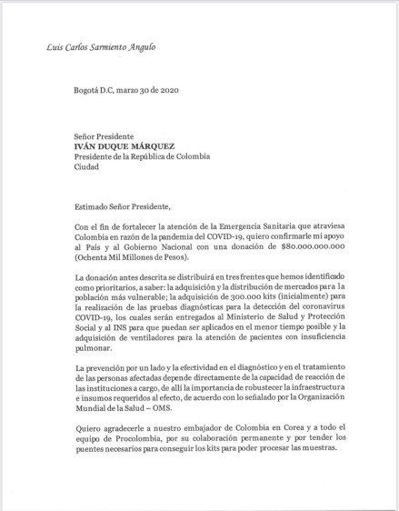 Copia de la carta enviada por Sarmiento Angulo a Iván Duque.