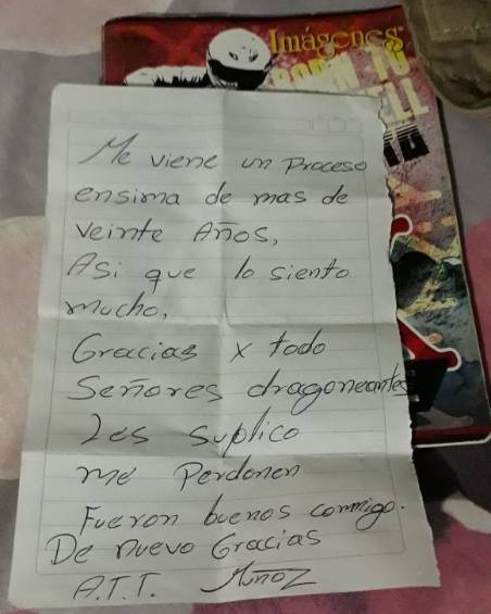 Carta que habría dejado Muñoz tras escaparse. FOTO CORTESÍA