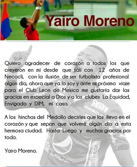 La emotiva carta con la que Yairo se despidió de los hinchas del DIM