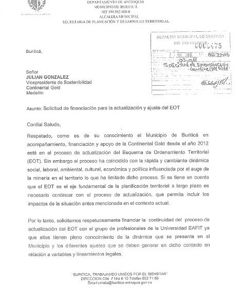 1. Carta de Alcaldía, en la que pide a CG que financie actualización del EOT (2014). 2. Carta radicada en Concejo, Personería y Alcaldía con queja sobre EOT. 3. Derecho de Petición enviado por concejales a Eafit.