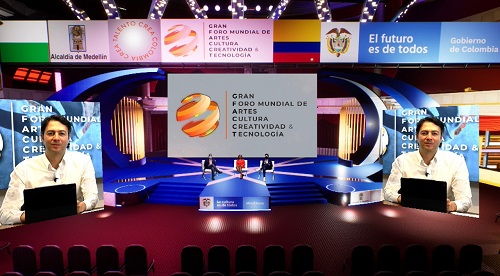 Imagen de la presentación virtual de GFACCT en la que estuvo el alcalde de Medellín Daniel Quintero y la Ministra de Cultura Carmen Inés Vásquez. FOTO Cortesía