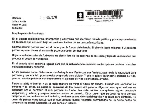 Facsímil de la carta completa del gobernador de Antioquia a la Fiscalía. 