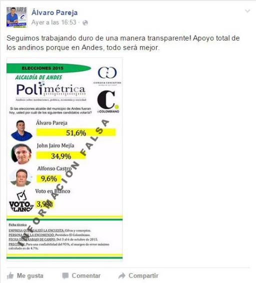Esta es la imagen de la supuesta encuesta encargada por EL COLOMBIANO y que aparece en la página de Álvaro Pareja.
