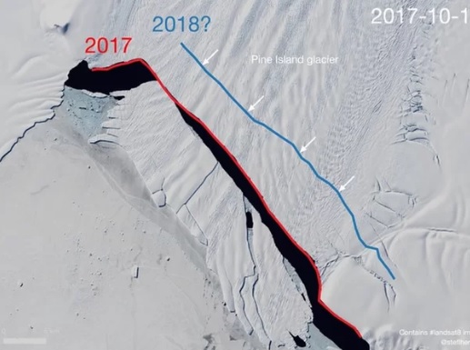 La línea azul muestra por dónde se partirá el iceberg en la Antártida. Fot Landsat/S. Lhermitte