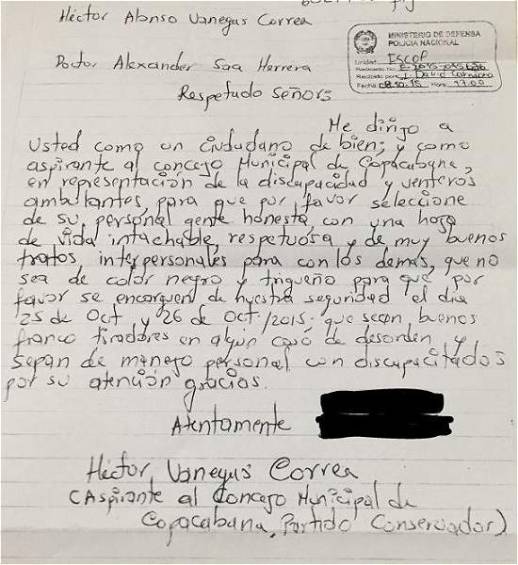 Candidato al concejo de Copacabana pidió escolta “que no sea negro”
