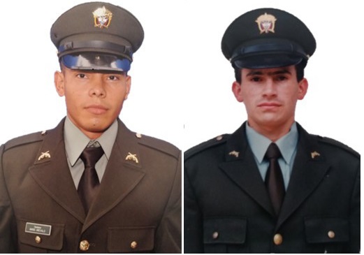 De izquierda a derecha, el patrullero Mario Arévalo Arismendi y el intendente Jhon Fredy Vargas Muñoz supuestamente asesinados por el Eln. FOTO Colprensa. 